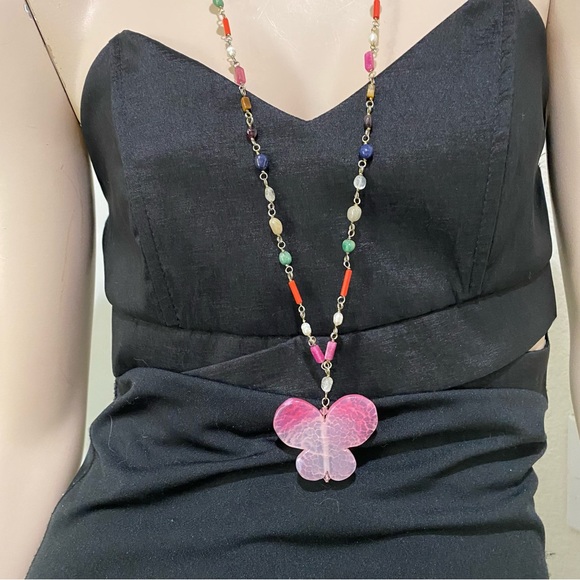 Handmade Pink Butterfly Pendant Genuine Stones Beaded Long Necklace - Picture 3 of 11